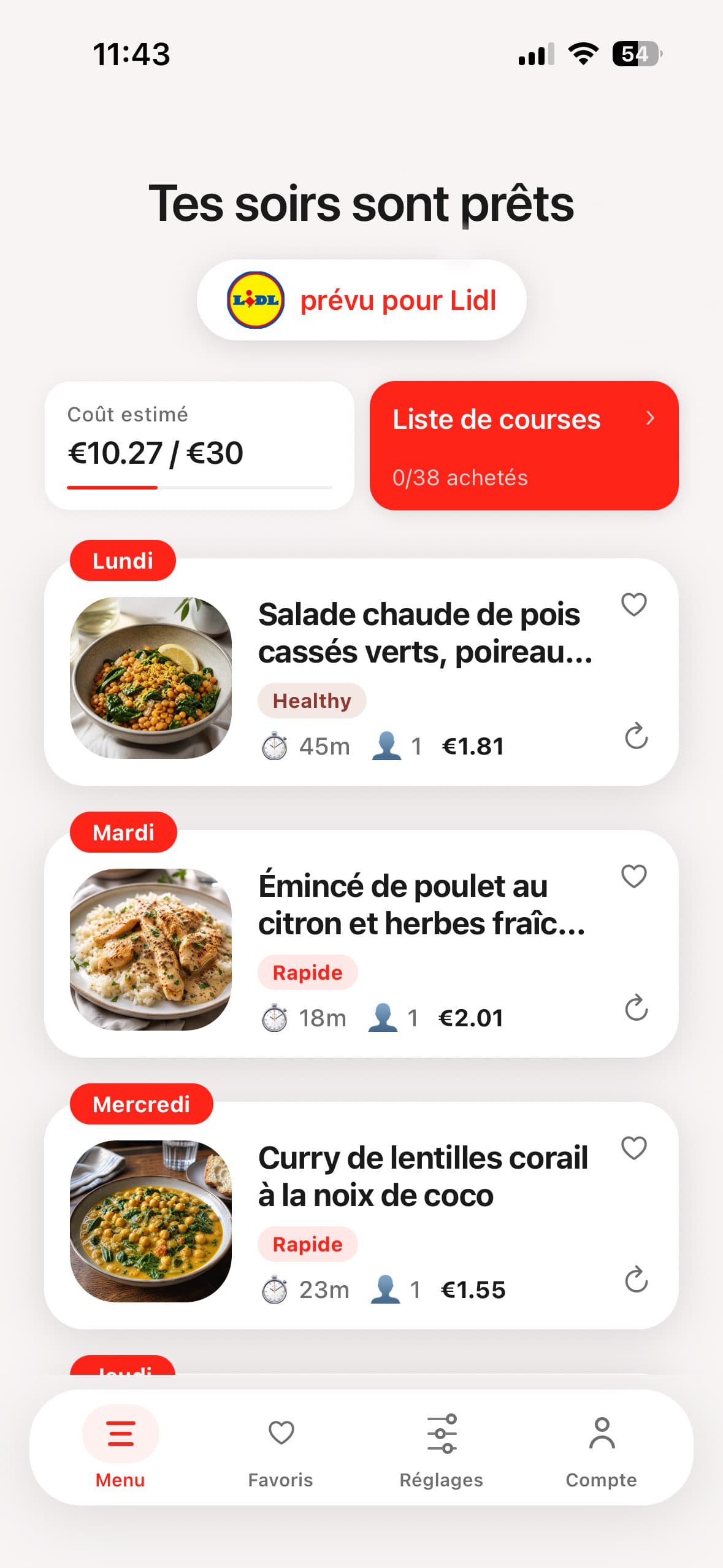Aperçu de Coursly : le plan de la semaine, le budget et la liste de courses.